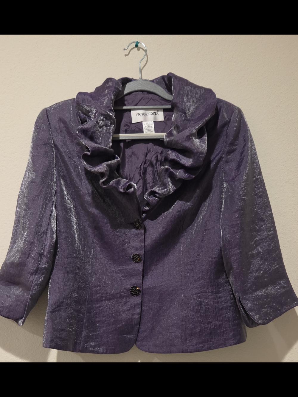 Victor Costa Vintage Purple Shiny Rhinestone Button Up Ruffle Collard Jacket 10